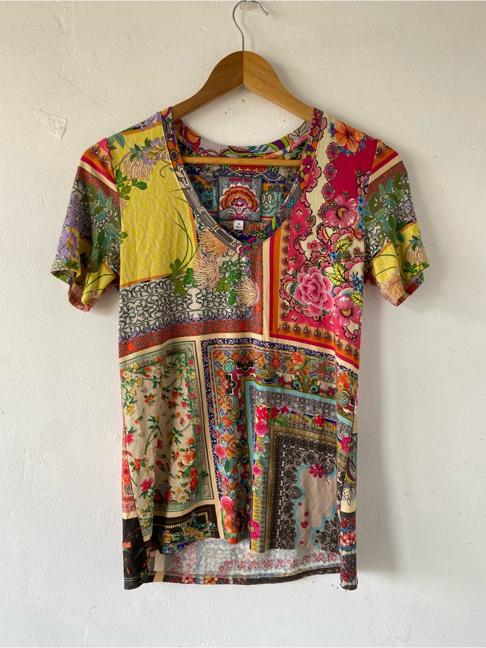 Johnny Was Multicolor Patchwork Floral V-Neck Tee